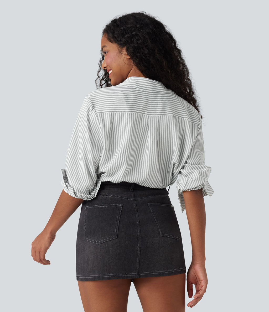 Chemise décontractée manches longues à rayures ourlet arrondi
