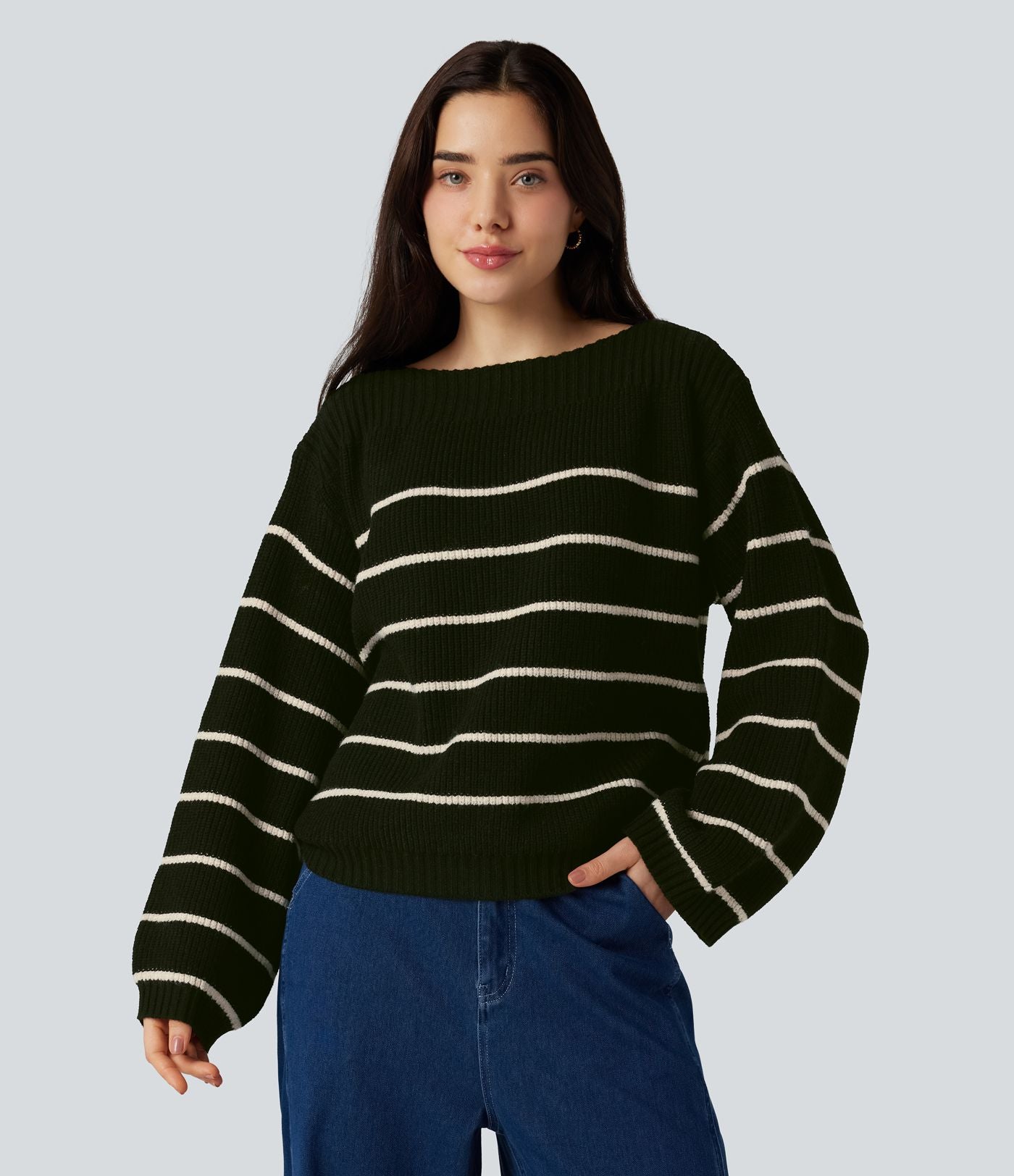 Pull tailleur rayé col bateau manches longues