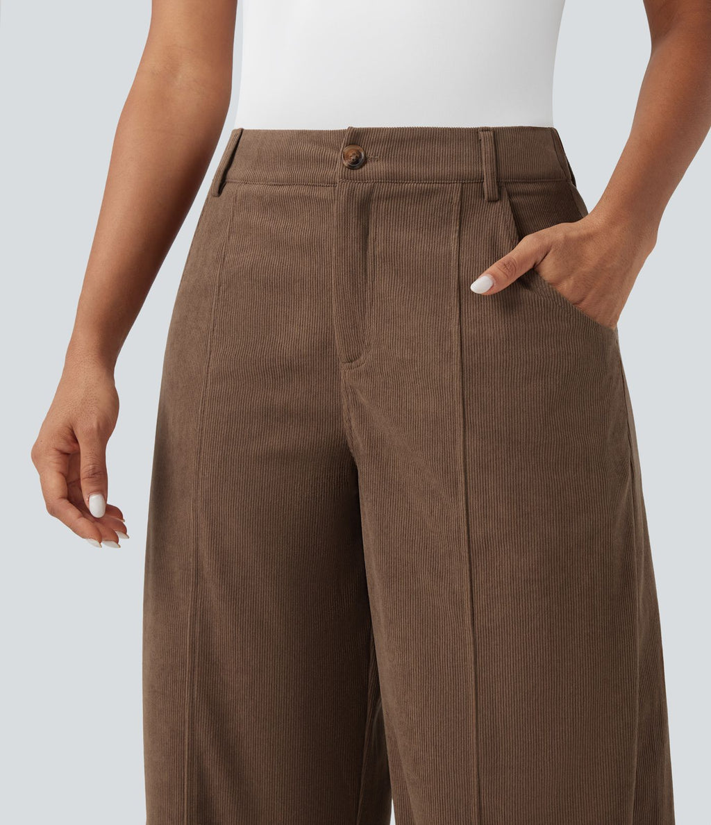 Pantalon décontracté large en velours côtelé taille haute avec poches