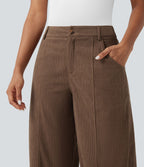 Pantalon décontracté large en velours côtelé taille haute avec poches