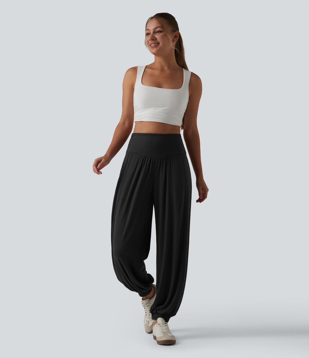 Jogging ballon taille haute drapé en maille côtelée avec poches