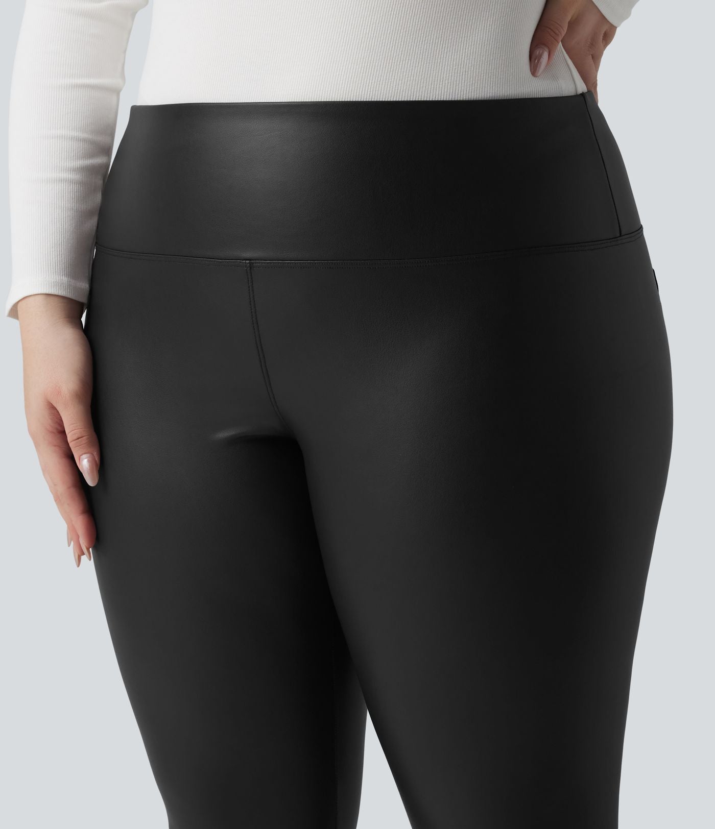 Leggings 7/8 grande taille en simili extensible effet ventre plat, taille haute, intérieur polaire, avec poches