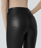 Pantalon évasé asymétrique polaire PU gainant extensible taille haute avec poches
