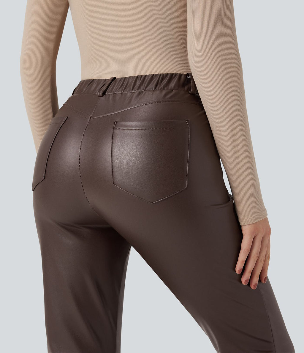 Pantalon simili cuir décontracté fuselé 7/8 taille mi-haute polaire extensible avec poches