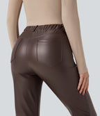 Pantalon simili cuir décontracté fuselé 7/8 taille mi-haute polaire extensible avec poches
