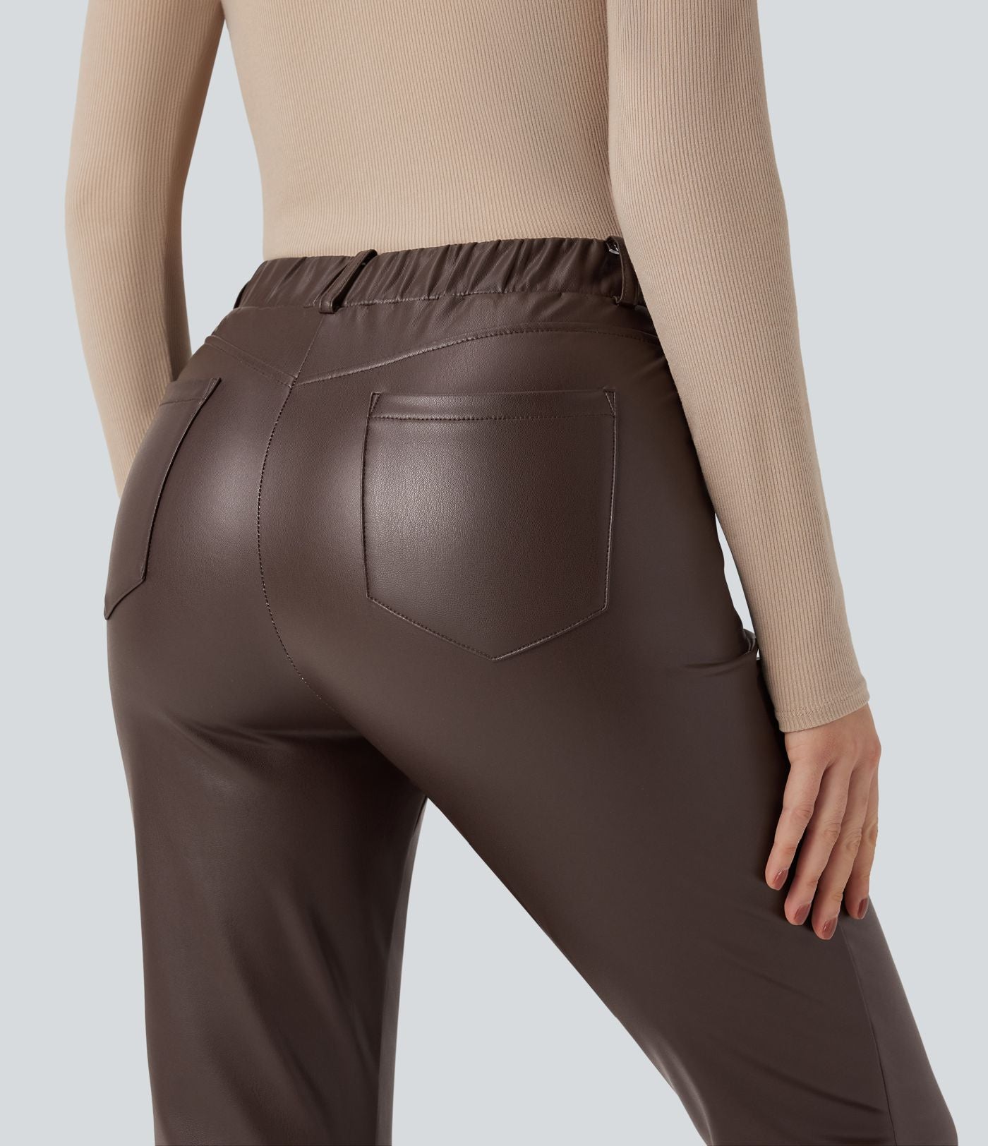 Pantalon simili cuir décontracté fuselé 7/8 taille mi-haute polaire extensible avec poches
