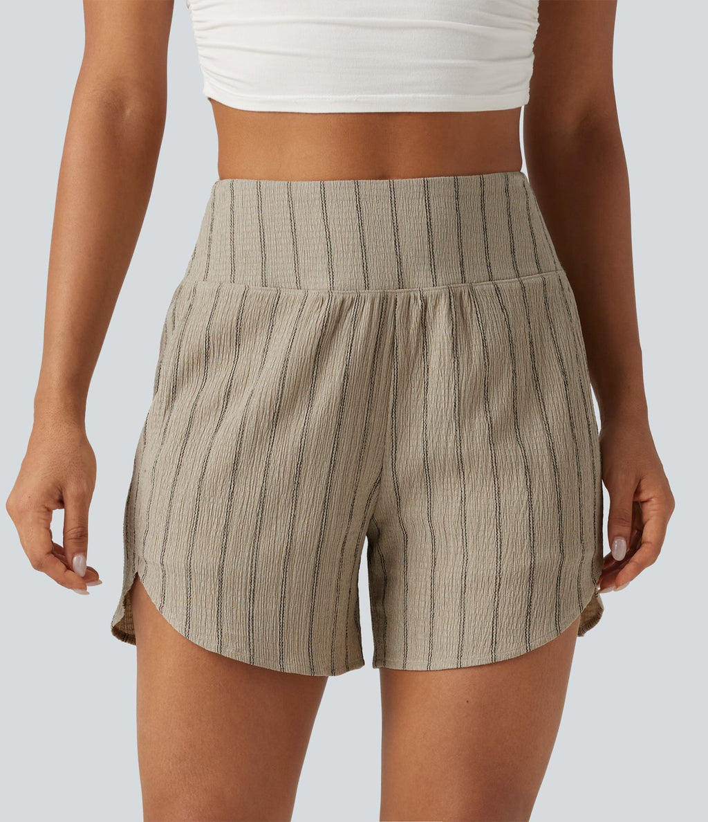 Short casual taille haute ourlet arrondi rayures avec poches