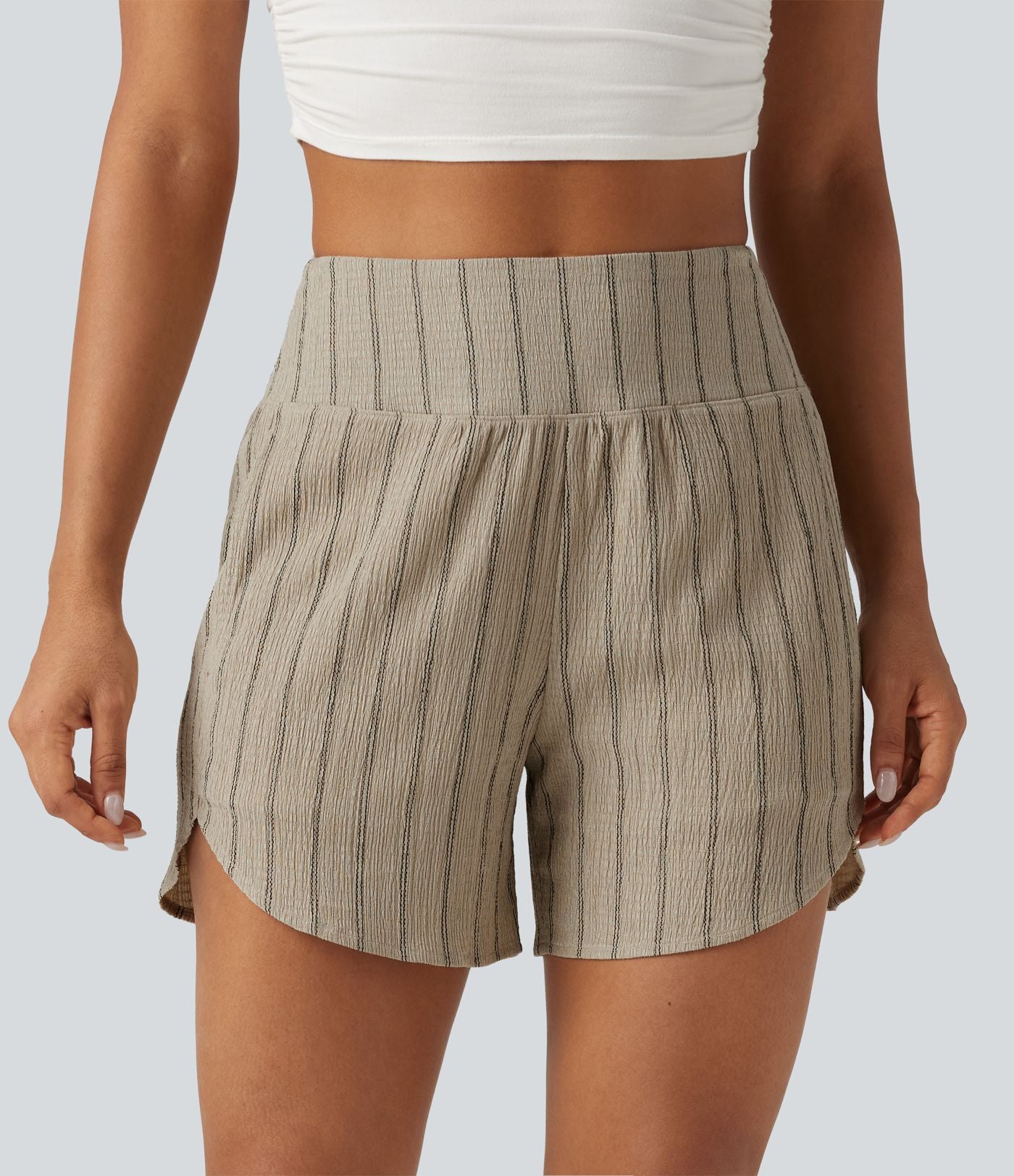 Short casual taille haute ourlet arrondi rayures avec poches