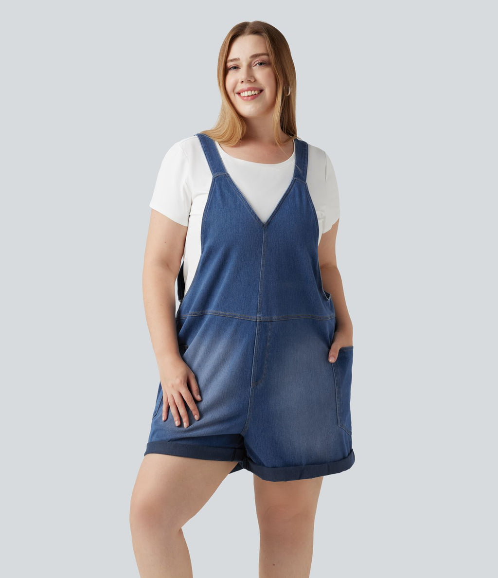 Salopette-short délavée grande taille en Jean Halara Flex™ Denim à col V avec ourlets retroussés et poches