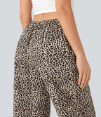 Pantalon décontracté en coton à jambe droite, taille moyenne, imprimé léopard avec poches