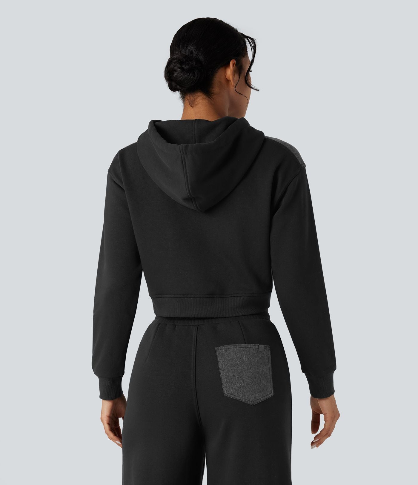 Veste en jean patchwork à capuche avec cordon de serrage et manches longues Halara Flex™