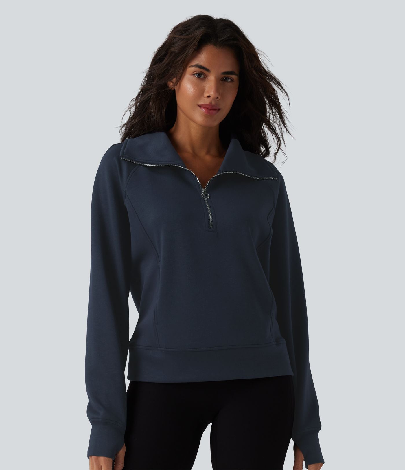 Sweat-shirt décontracté col revers demi-zip manches longues avec trous pour pouces et poches