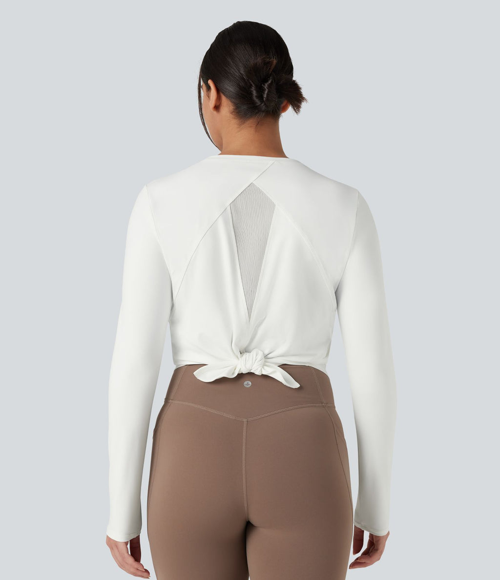 Top de sport running col rond mesh contrastant liens dans le dos manches longues