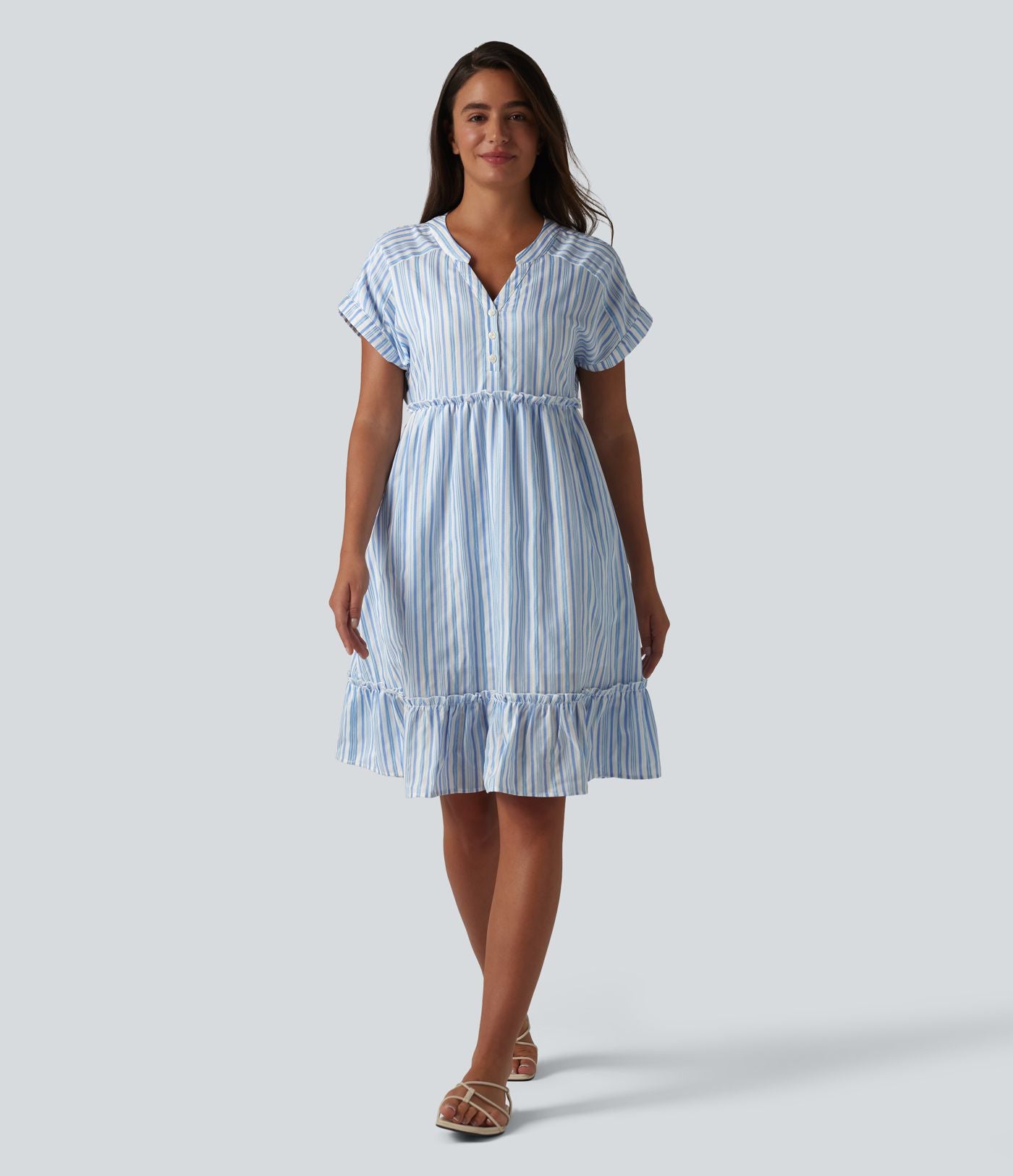 Robe décontractée mini col V manches courtes à rayures avec poches