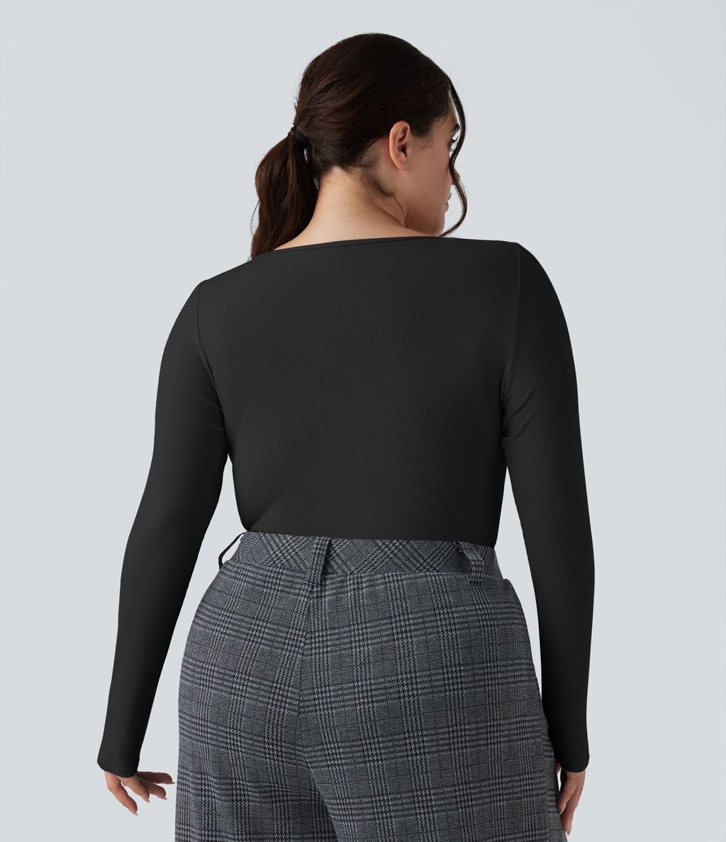 Body grande taille maille côtelée col carré manches longues ajusté