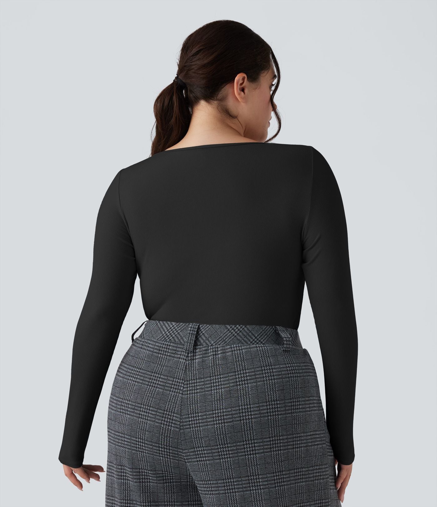 Body grande taille maille côtelée col carré manches longues ajusté