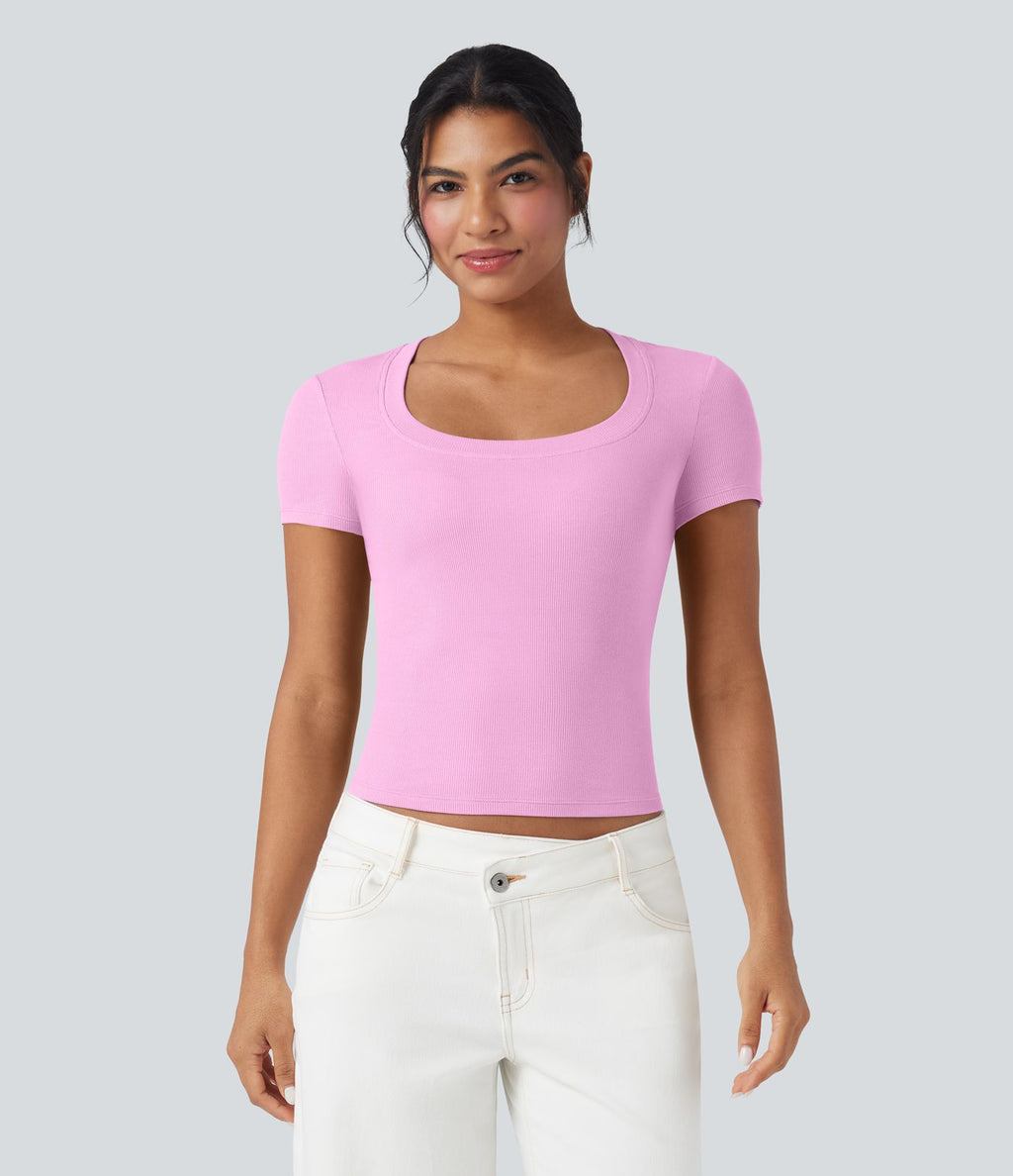 T-shirt décontracté maille côtelée manches courtes