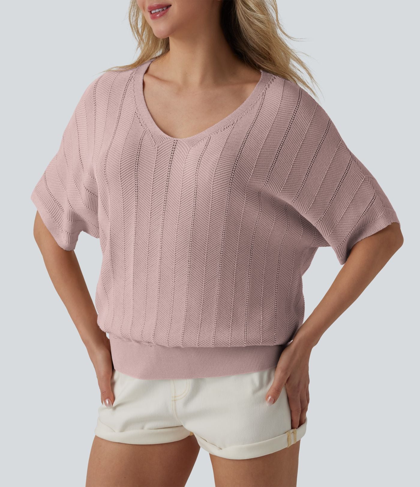 Pull décontracté col V manches courtes