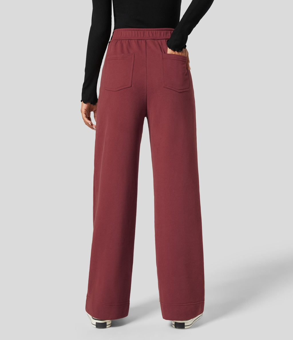 Pantalon Jogging en Fleece Thermique Jambe Droite Boutons Taille Haute Plusieurs Poches