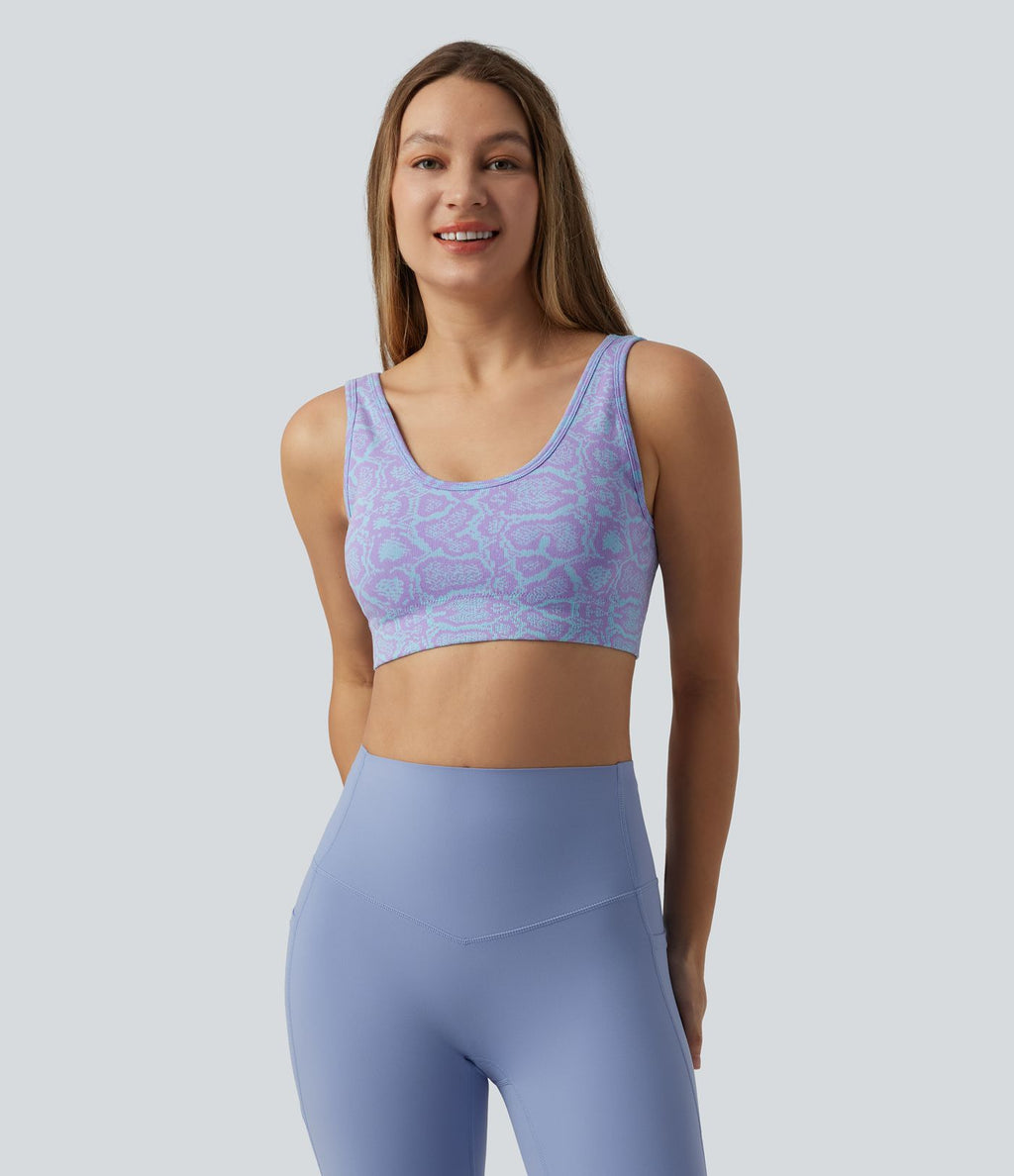 Brassière de sport yoga OneForm sans couture Flow maintien léger col U imprimé python avec soutien-gorge intégré