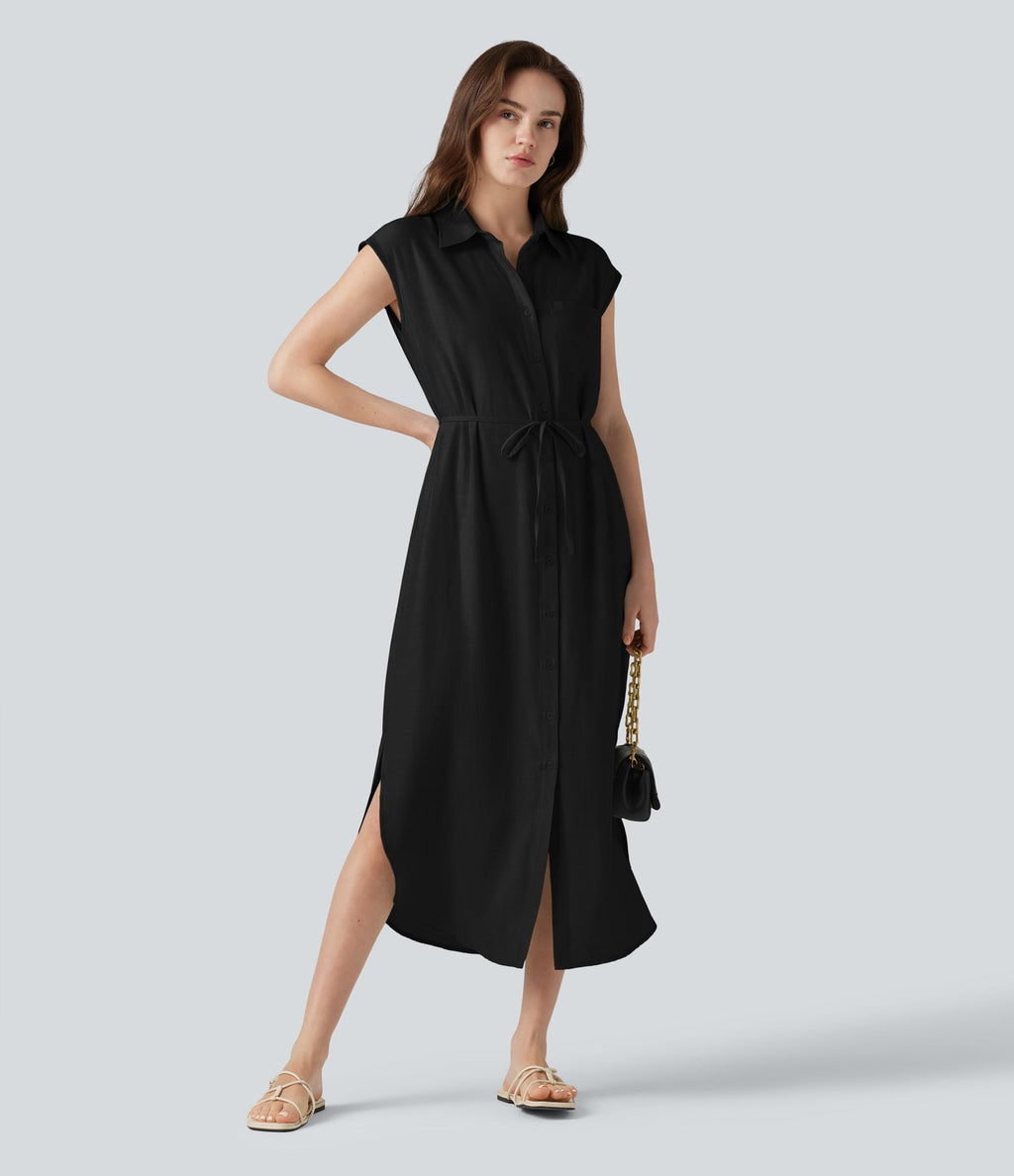 Robe chemise midi décontractée en mélange de lin, col classique, manches cape, ceinturée, ourlet arrondi fendu avec poches