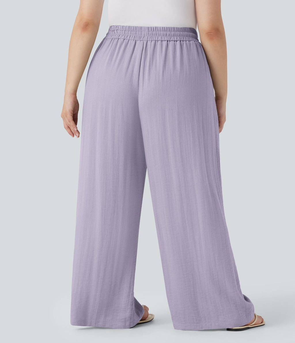 Pantalon décontracté grande taille large fluide taille haute effet lin avec cordon de serrage et poches