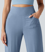 Pantalon large fluide décontracté en lin stretch taille haute gainant avec poches