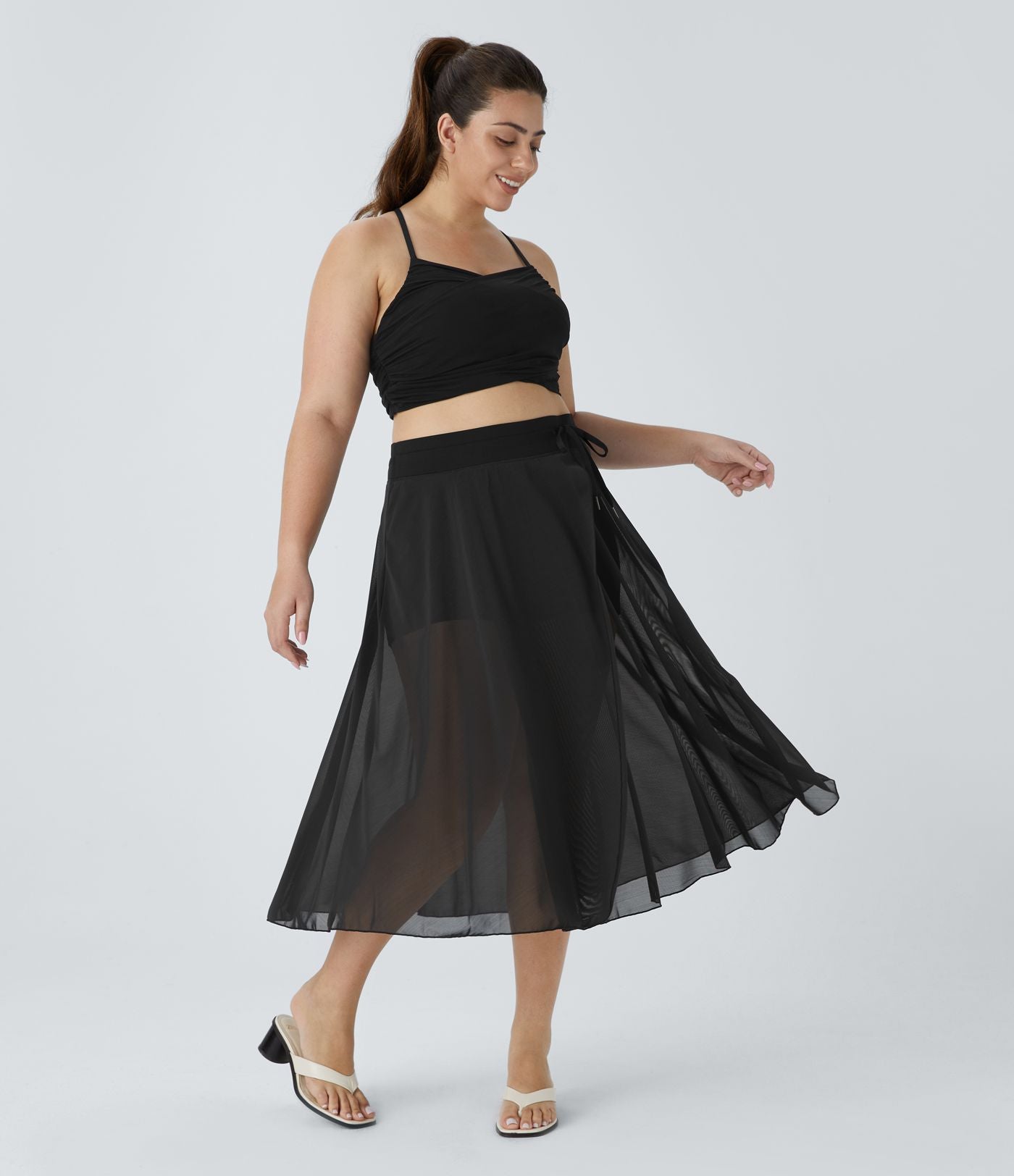 Jupe Taille Haute 2 En 1 En Maille Contrastée Avec Cordon De Serrage Et Poche Latérale Fluide Evasée Casual Grande Taille