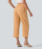 Pantalon 7/8 décontracté aspect lin à carreaux taille haute avec poches