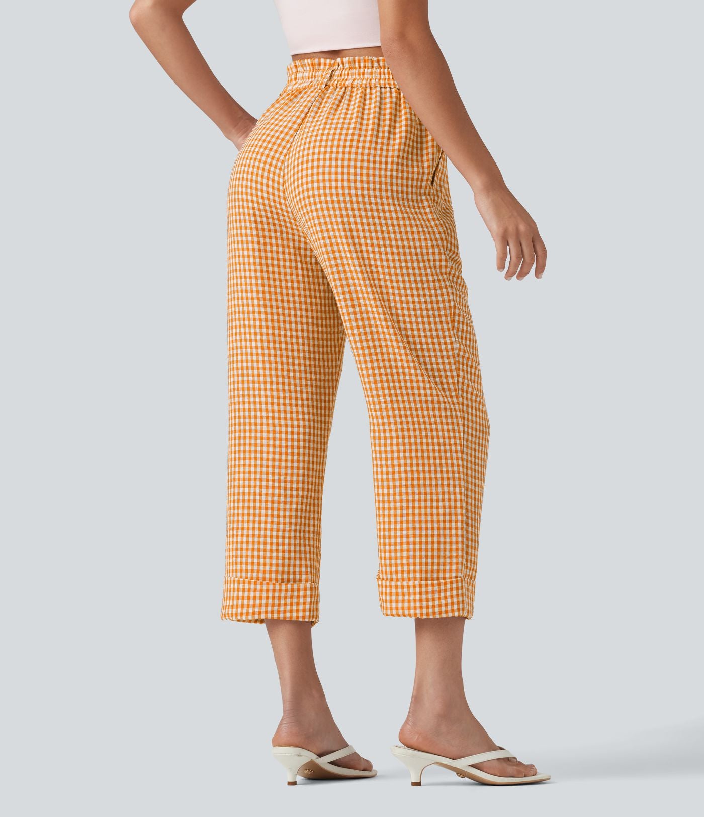 Pantalon 7/8 décontracté aspect lin à carreaux taille haute avec poches