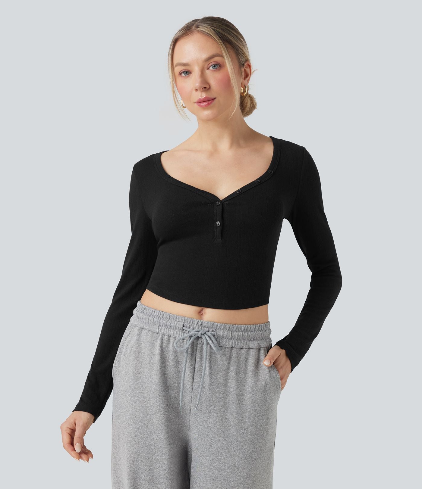 Haut détente cropped maille côtelée col henley manches longues