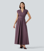 Robe midi fluide esprit bureau sans manches col V avec poches
