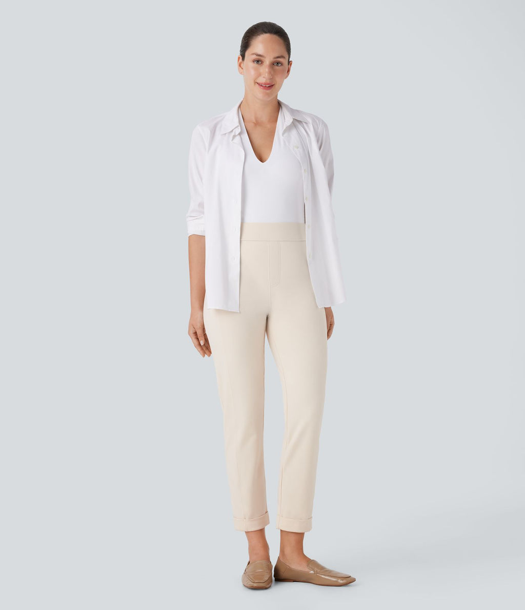 Pantalon fuselé ajusté longueur cheville taille haute ourlet roulotté