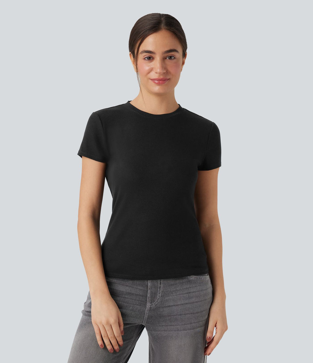 T-shirt décontracté ajusté maille côtelée col rond manches courtes