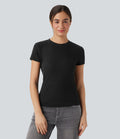T-shirt décontracté ajusté maille côtelée col rond manches courtes