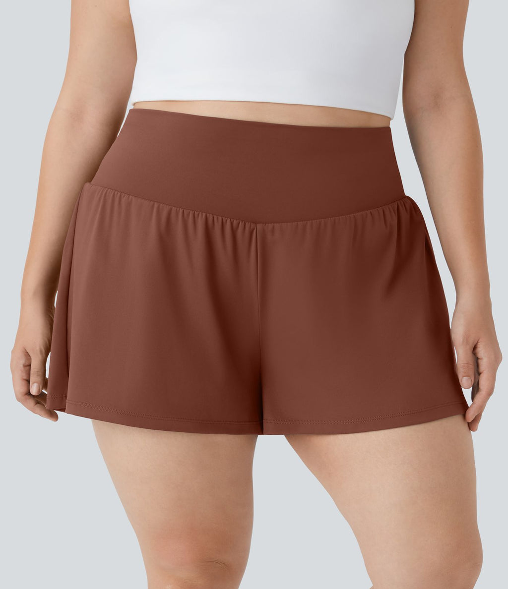 Short Yoga 10cm Plus Longue Taille Ultra Haute 2 en 1 Poche Arrière Poche Cachée Latérale Grande Taille