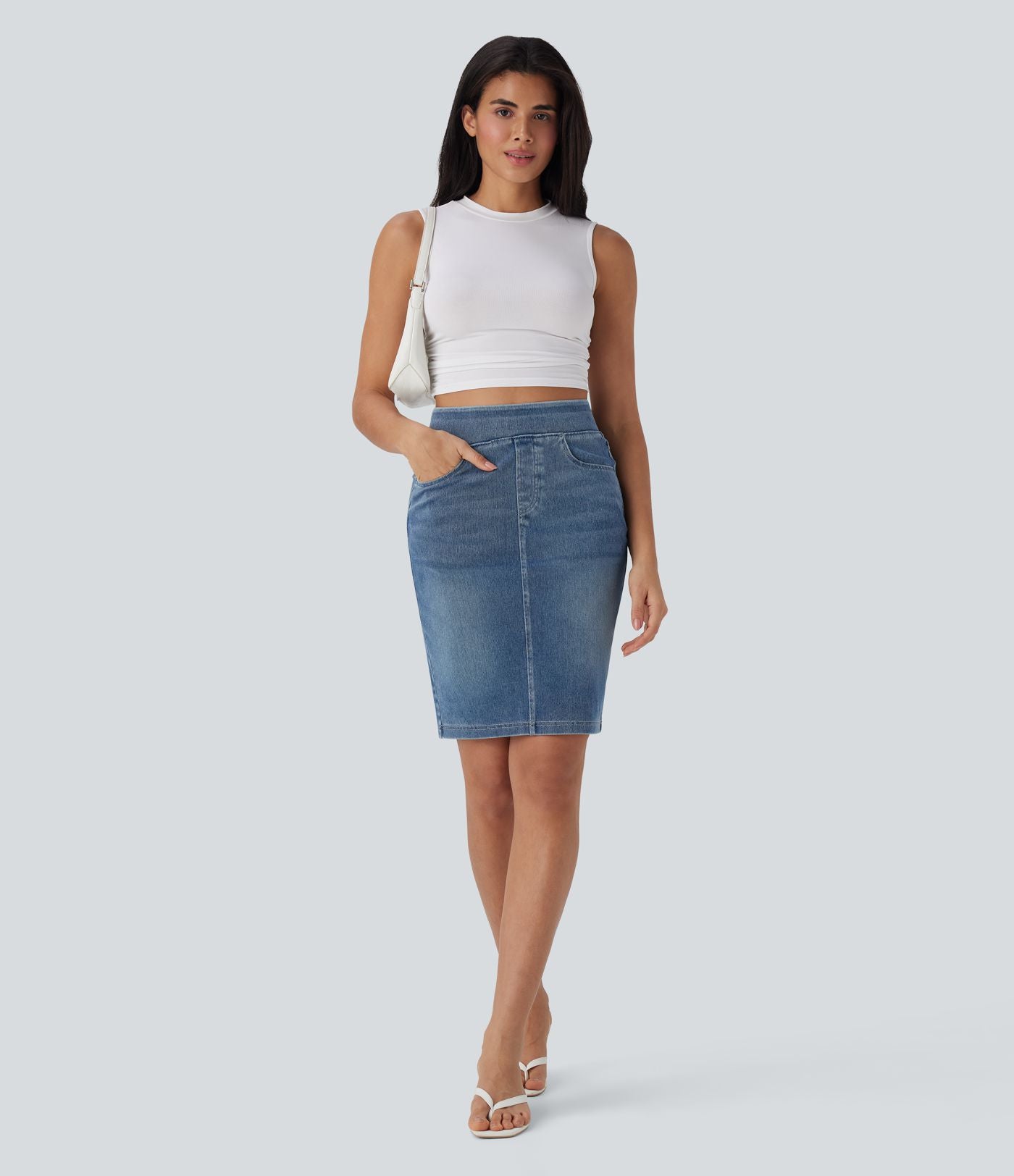 Halara Flex™ Jupe en Jean décontractée stretch délavé à taille haute, multiples poches et fente latérale