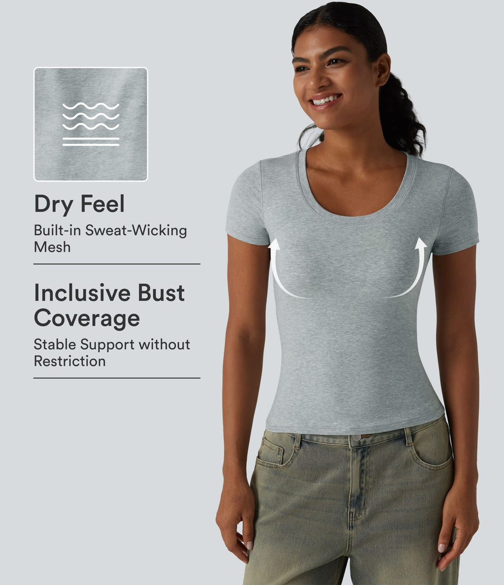 Halara T-shirt en jersey de coton col rond échancré manches courtes avec soutien-gorge intégré bonnets B-DD