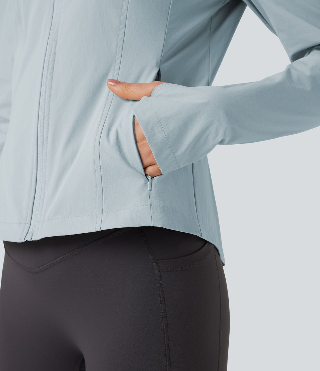 Veste de randonnée à capuche, manches longues, passants pouces et zip avec poches - UPF40+
