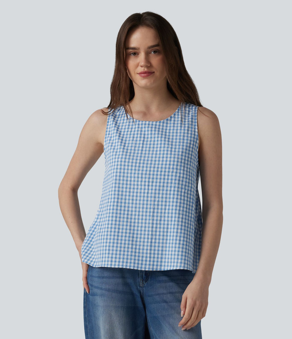 Débardeur casual col rond en vichy froissé avec poches