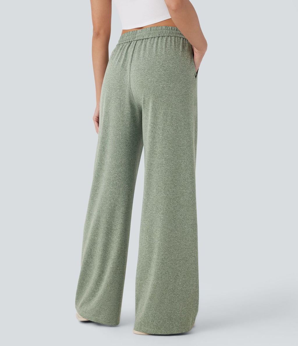 Pantalon large décontracté taille haute avec cordon de serrage et poches latérales
