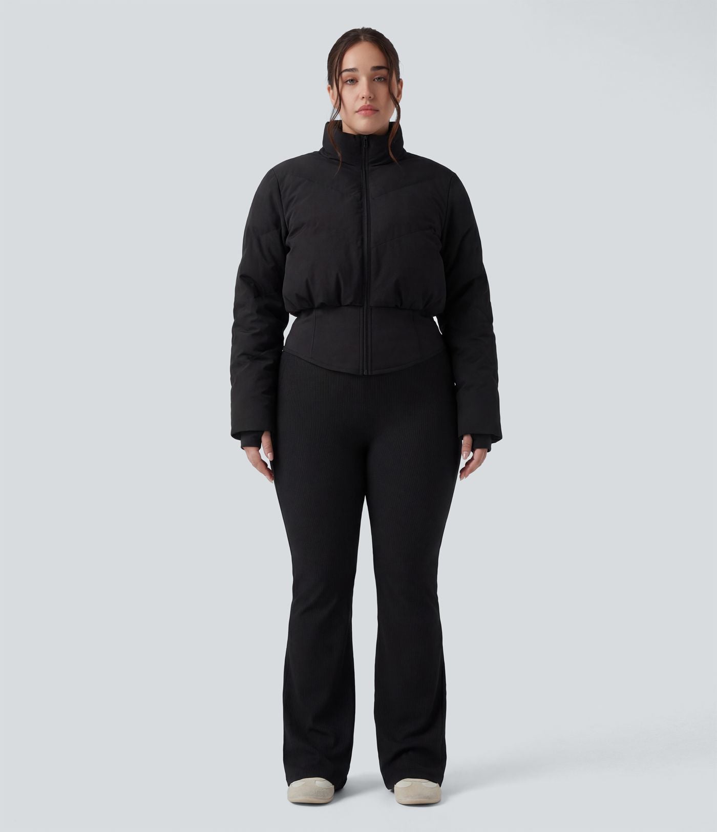 PuffFlex Grande taille Doudoune courte 3-en-1 col montant casual & Veste à ourlet arrondi et trous pour les pouces avec poches