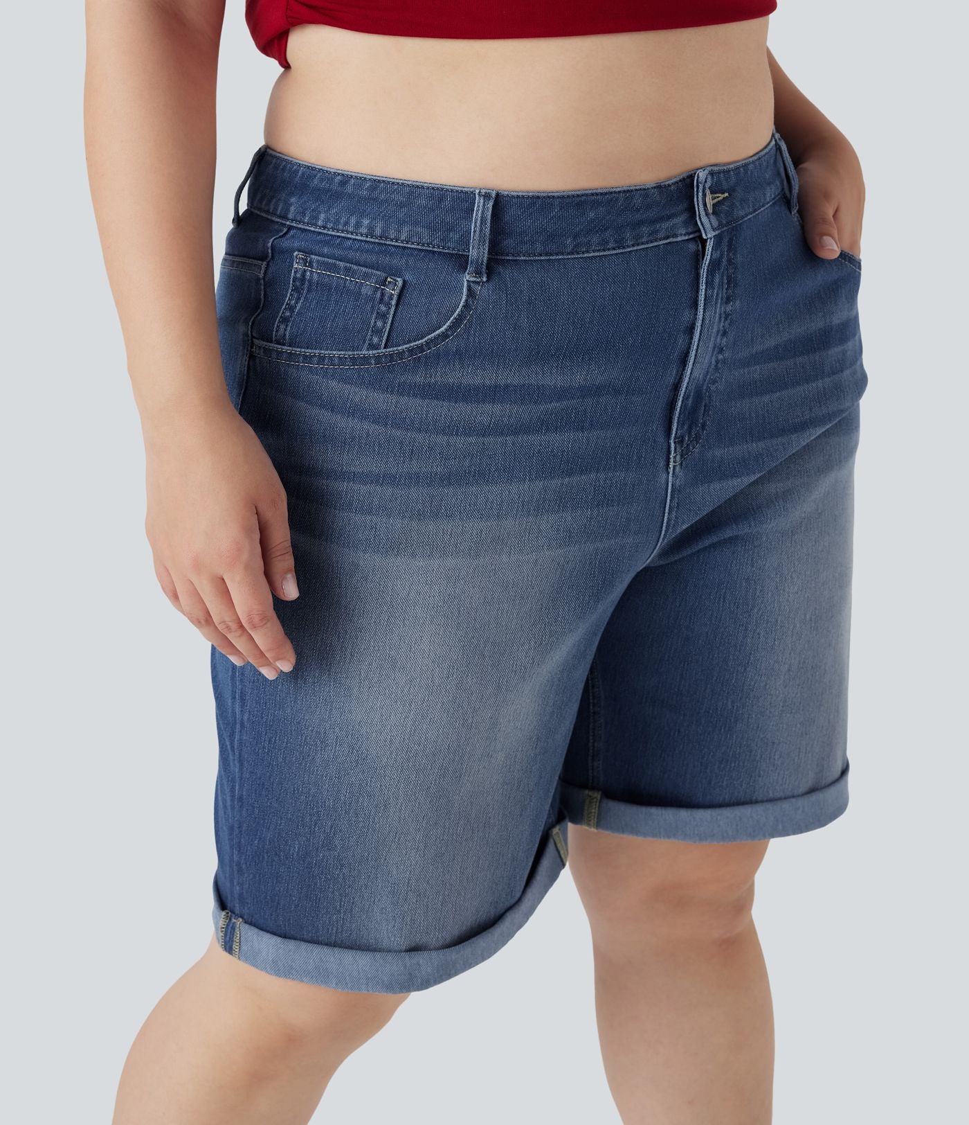 Short bermuda casual denim grande taille Halara Flex™ tricot extensible délavé taille haute multiples poches ourlet roulotté