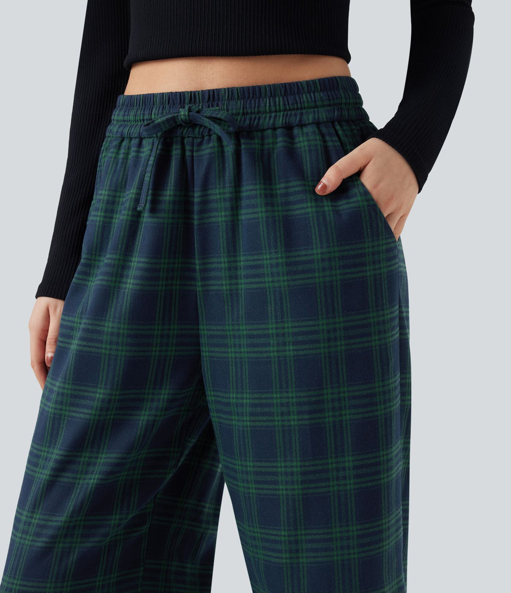 Pantalon baggy taille haute imprimé carreaux avec poches