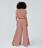 Combinaison Casual Col en V Jambes Large Plissée Manches Courtes Poche Latérale Gaufrée Fluide