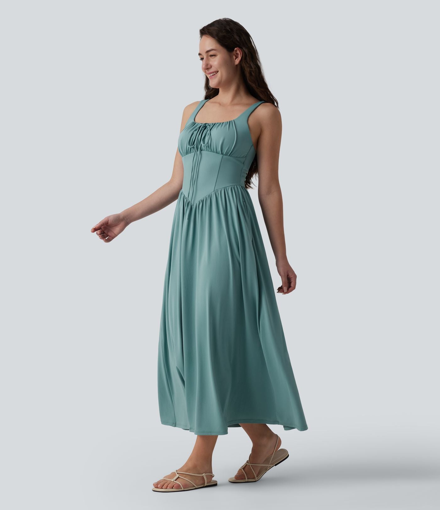 Robe midi fluide casual col carré à corset et nœud devant avec poches