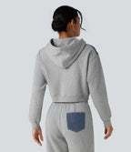 Veste en jean patchwork à capuche avec cordon de serrage et manches longues Halara Flex™