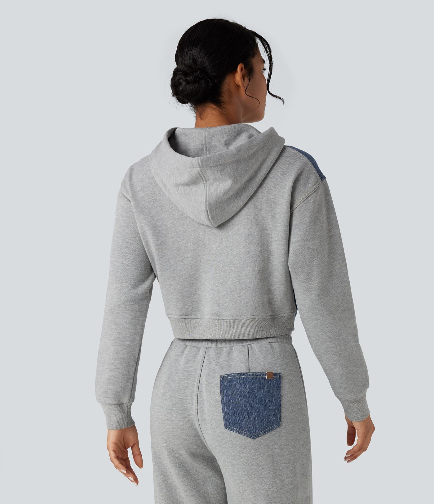 Veste en jean patchwork à capuche avec cordon de serrage et manches longues Halara Flex™