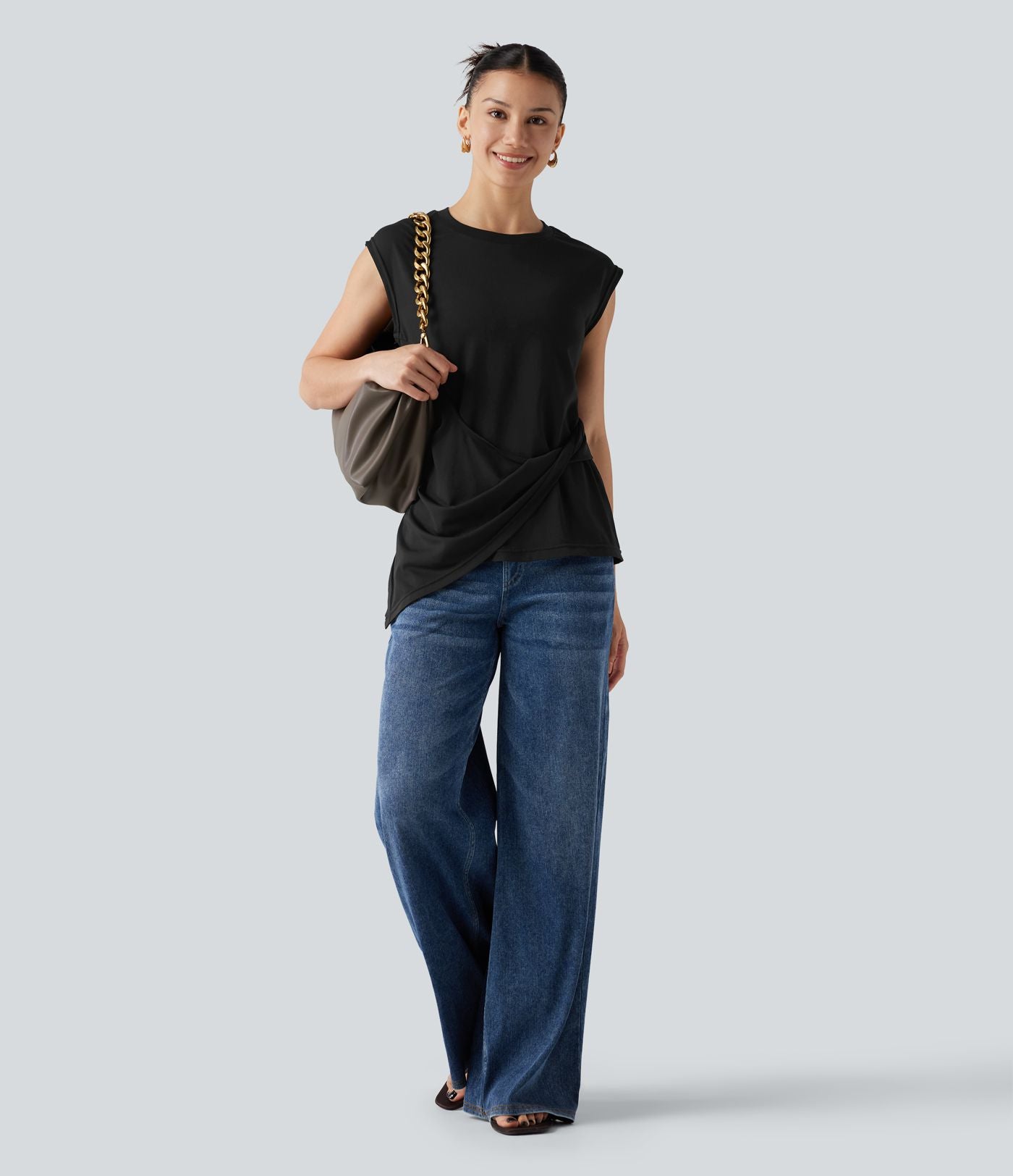 Top casual col rond manches courtes ourlet asymétrique torsadé