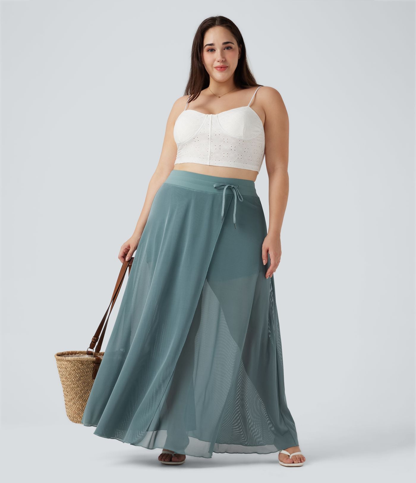 Jupe longue fluide grande taille 2-en-1 mesh contrastant taille haute avec cordon de serrage et poches